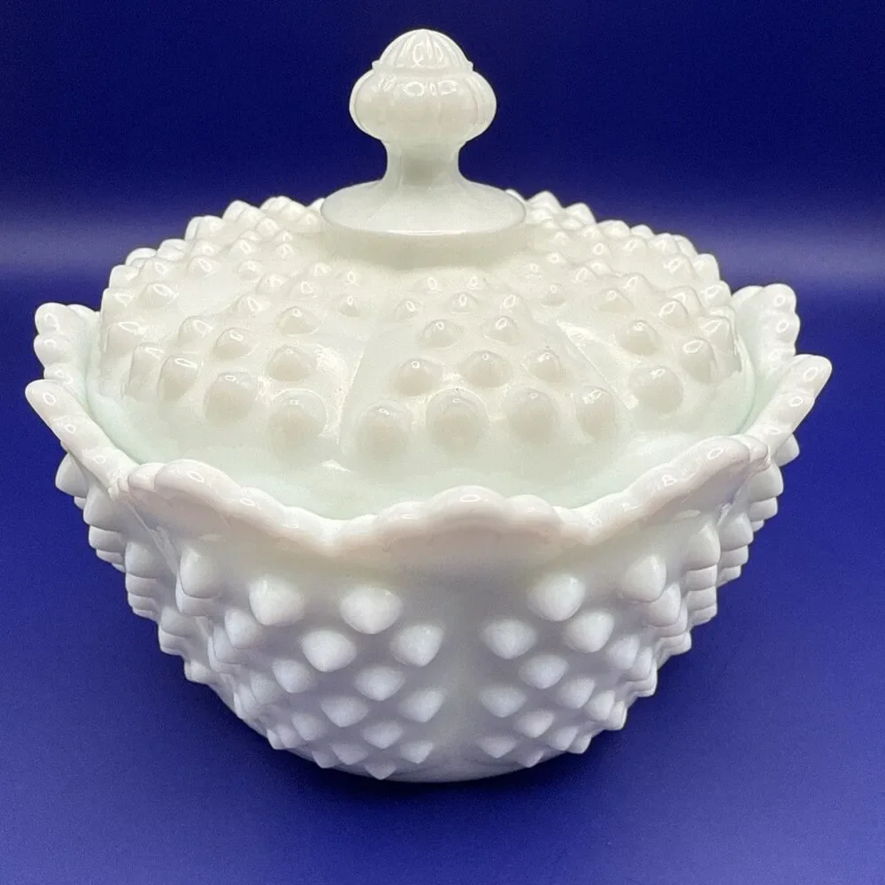 Vintage Fenton White Hobnail Milk Glass Candy Dish w/ Handle and Lid Grandma